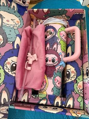 Brandnew Stanley Pink labubu Monster Travel Tumbler with Gold Logo